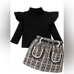 2 piece Black Top with Tweed Skirt Set